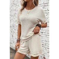 Beige Fringe Trim Textured Short Two Piece Set - XL thumbnail