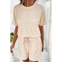 Beige Frill Textured Short Sleeve Top and Drawstring Shorts Set - M thumbnail