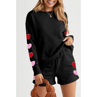 Black Heart Patch Long Sleeve Top and Shorts Textured 2pcs Set - L thumbnail