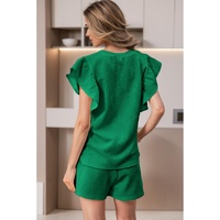 Bright Green Textured Ruffled Sleeve Tee and Drawstring Shorts Set - XL thumbnail