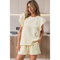 Apricot Textured Ruffled Sleeve Tee and Drawstring Shorts Set - XL thumbnail
