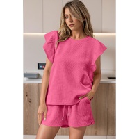 Bonbon Textured Ruffled Sleeve Tee and Drawstring Shorts Set - L thumbnail