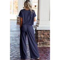 Navy Blue Raw Hem Loose Tee and Wide Leg Pants Set - S thumbnail