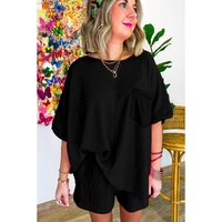 Black Waffle Knit Oversize Tee and Shorts Set - S thumbnail