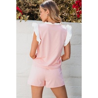 Light Pink Contrast Trim Ruffled Top and Drawstring Shorts Set - XL thumbnail