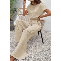 Beige Crinkled Elastic Hem Crop Tee and Wide Leg Pants Set - XL thumbnail