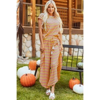 Yellow Stripe Rainbow Tee Tasseled String Wide Leg Pants Set - M thumbnail