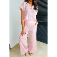 Light Pink Textured Short Sleeve Henley Top and Pocketed Wide Leg Pants - L thumbnail