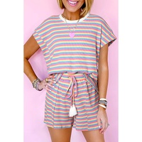 Pink Stripe Crew Neck Tee and Tasseled Drawstring Shorts Set - S thumbnail