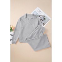 Light Grey Solid Textured Collared V Neck Top and Wide Leg Pants Set - XL thumbnail