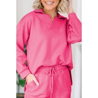 Bonbon Solid Textured Collared V Neck Top and Wide Leg Pants Set - L thumbnail