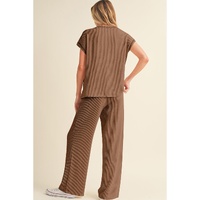 Coffee Solid Color Corded Short Sleeve Top and Casual Pants Set - M thumbnail