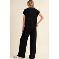 Black Solid Color Corded Short Sleeve Top and Casual Pants Set - XL thumbnail