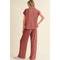Mineral Red Solid Color Corded Short Sleeve Top and Casual Pants Set - 2XL thumbnail