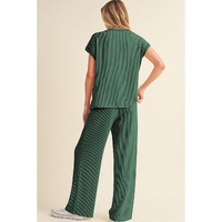 Blackish Green Solid Color Corded Short Sleeve Top and Casual Pants Set - M thumbnail