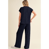 Navy Blue Solid Color Corded Short Sleeve Top and Casual Pants Set - L thumbnail