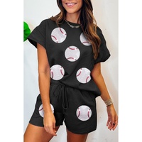 Black Trendy Texture Sequin Baseball Graphic Short 2pcs Set - XL thumbnail