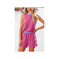 Bright Pink Corded Contrast Trim Sleeveless Top and Shorts Set - L thumbnail