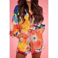 Orange Floral Printed Shirt Two Piece Drawstring Shorts Set - XL thumbnail