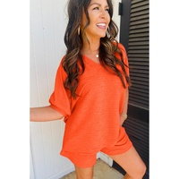 Orange Textured V Neck T Shirt and Shorts Set - XL thumbnail