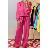 Rose Red Textured Puff Sleeve Top and Pants Set - M thumbnail