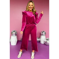 Rose Red Solid Velvet Ruffled Two Piece Pants Set - L thumbnail