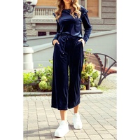 Navy Blue Solid Velvet Ruffled Two Piece Pants Set - S thumbnail