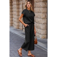 Black Solid Color Textured Short Sleeve Top and Casual Pants Set - M thumbnail