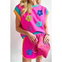Rose Red Sequined Flower Graphic Colorblock 2 Piece Shorts Set - XL thumbnail