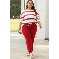 Red Stripe Drop Shoulder Pullover and Jogger Pants Set - S thumbnail