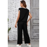 Black Cable Knit Contrast Trim Short Sleeve Top and Pants Set - L thumbnail