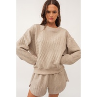 Parchment Solid Color Quilted Long Sleeve Top and Shorts Set - 2XL thumbnail