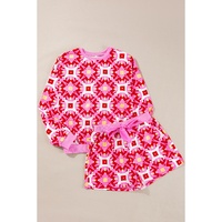 Sachet Pink Geometric Print Long Sleeve Top and Drawstring Shorts Set - M thumbnail