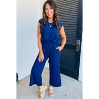 Sky Blue Textured Knit Cap Sleeve T Shirt and Wide Leg Pants Set - M thumbnail
