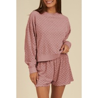 Blossom Checkered Textured Long Sleeve Top and Shorts Set - L thumbnail