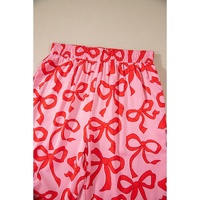 Pink 2pcs Bow Print Shirt Style Long Sleeve Pajama Set - M thumbnail