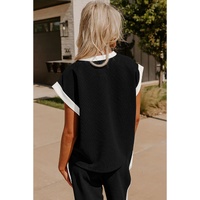 Black Color Block Pocketed T Shirt and Wide Leg Pants Set - L thumbnail
