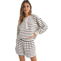 Black white Stripes Printed Half Button Long Sleeve Top and Shorts Set - M thumbnail