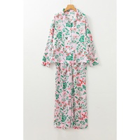 Pink Christmas Berries Plant Print Satin Long Sleeve Pajama Set - M thumbnail