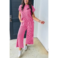 Bright Pink Solid Corded Knit Short Sleeve T Shirt and Wide Leg Pants Set - XL thumbnail