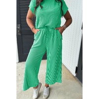 Bright Green Solid Corded Knit Short Sleeve T Shirt and Wide Leg Pants Set - M thumbnail