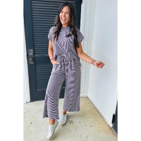 Wild Wind Solid Corded Knit Short Sleeve T Shirt and Wide Leg Pants Set - S thumbnail