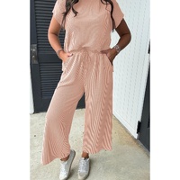 Smoke Gray Solid Corded Knit Short Sleeve T Shirt and Wide Leg Pants Set - L thumbnail