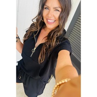 Black Textured Half Zip Kangaroo Pocket Top Drawstring Shorts Set - S thumbnail