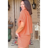 Pale Chestnut Textured Patched Pocket Short Sleeve Top Drawstring Shorts Set - S thumbnail