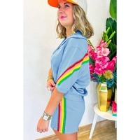 Sky Blue Rainbow Colorblock Collared Short Sleeve Top 2 Piece Shorts Set - S thumbnail