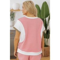 Pink Textured Colorblock Patchwork Tee Two Piece Shorts Set - L thumbnail