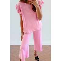 Pink Textured Pearled Ruffled Sleeve Wide Leg Pants Set - M thumbnail