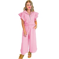 Pink Textured Ruffled Sleeve Zipped Top and Wide Leg Pants Set - XL thumbnail