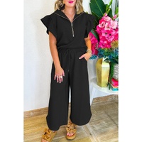 Black Textured Ruffled Sleeve Zipped Top and Wide Leg Pants Set - XL thumbnail